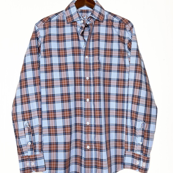 Bugatchi Mens Plaid Blue Brown Logo Embroidered Long Sleeve Buttondown Shirt - Picture 7 of 9